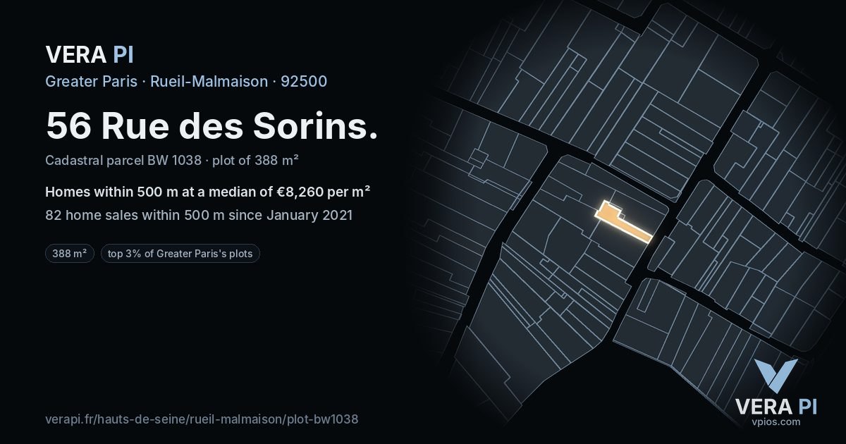 56 Rue des Sorins, Rueil-Malmaison at night – the plot lit, the parcels around coloured by the prices near them