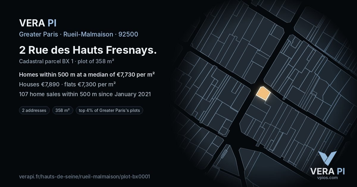 2 Rue des Hauts Fresnays, Rueil-Malmaison at night – the plot lit, the parcels around coloured by the prices near them