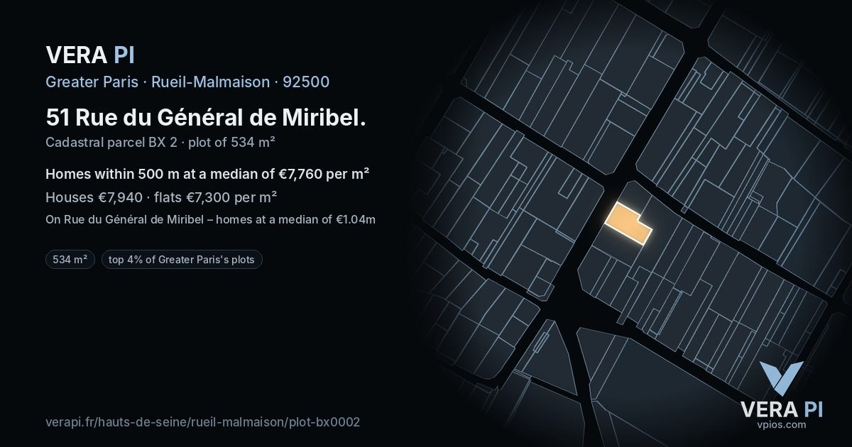 51 Rue du Général de Miribel, Rueil-Malmaison at night – the plot lit, the parcels around coloured by the prices near them