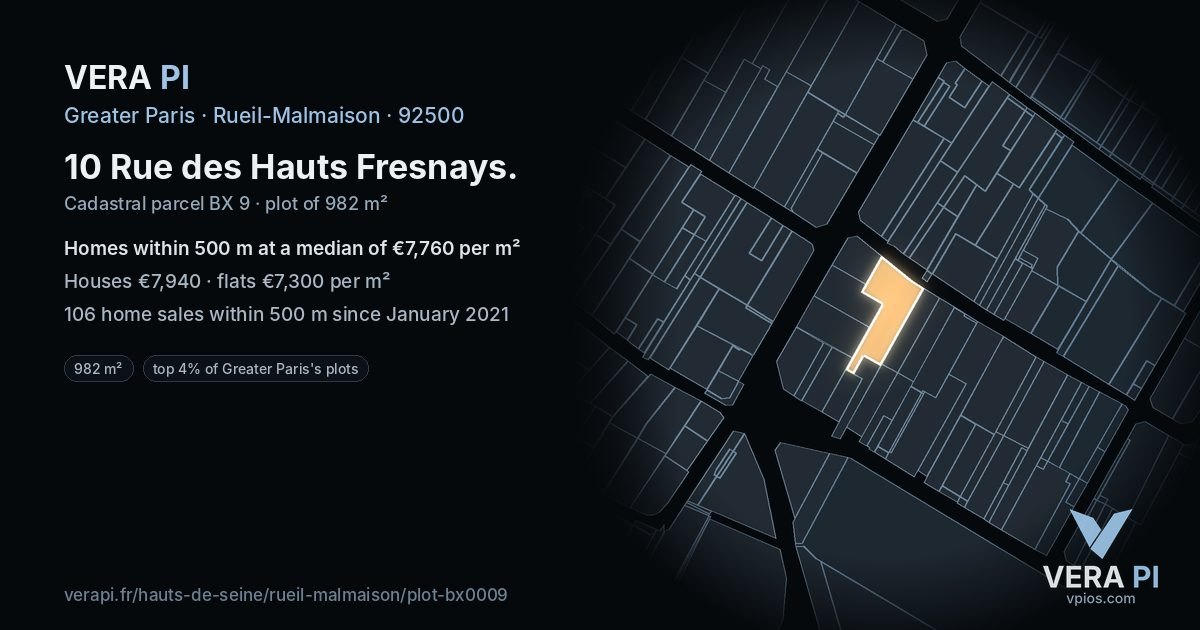 10 Rue des Hauts Fresnays, Rueil-Malmaison at night – the plot lit, the parcels around coloured by the prices near them