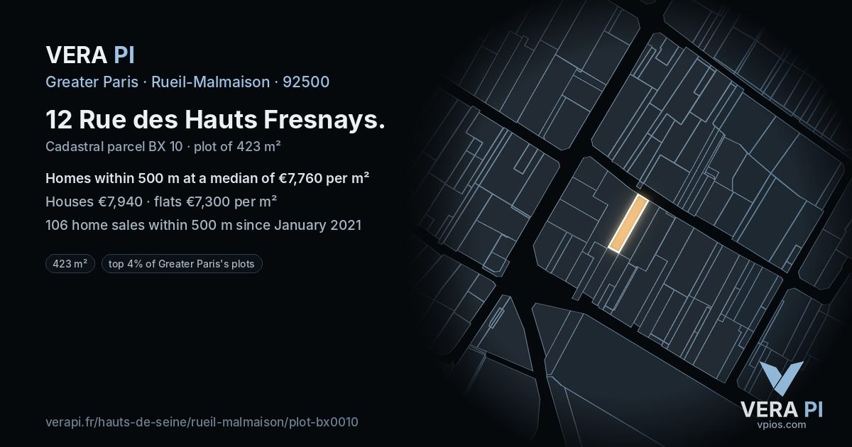 12 Rue des Hauts Fresnays, Rueil-Malmaison at night – the plot lit, the parcels around coloured by the prices near them