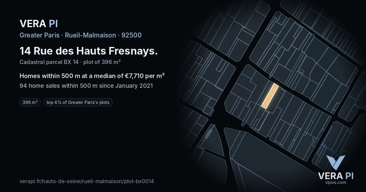14 Rue des Hauts Fresnays, Rueil-Malmaison at night – the plot lit, the parcels around coloured by the prices near them