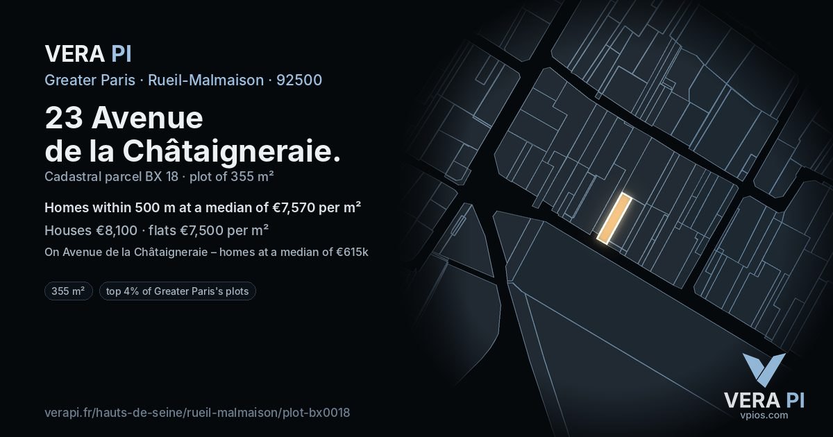 23 Avenue de la Châtaigneraie, Rueil-Malmaison at night – the plot lit, the parcels around coloured by the prices near them