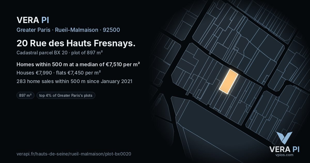 20 Rue des Hauts Fresnays, Rueil-Malmaison at night – the plot lit, the parcels around coloured by the prices near them