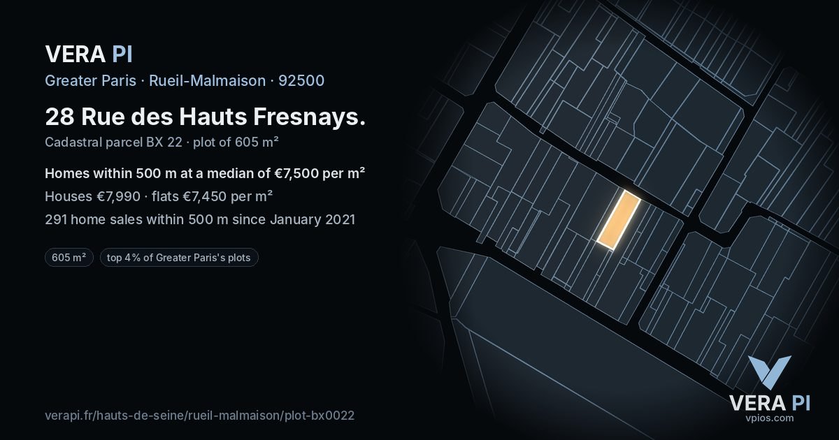 28 Rue des Hauts Fresnays, Rueil-Malmaison at night – the plot lit, the parcels around coloured by the prices near them