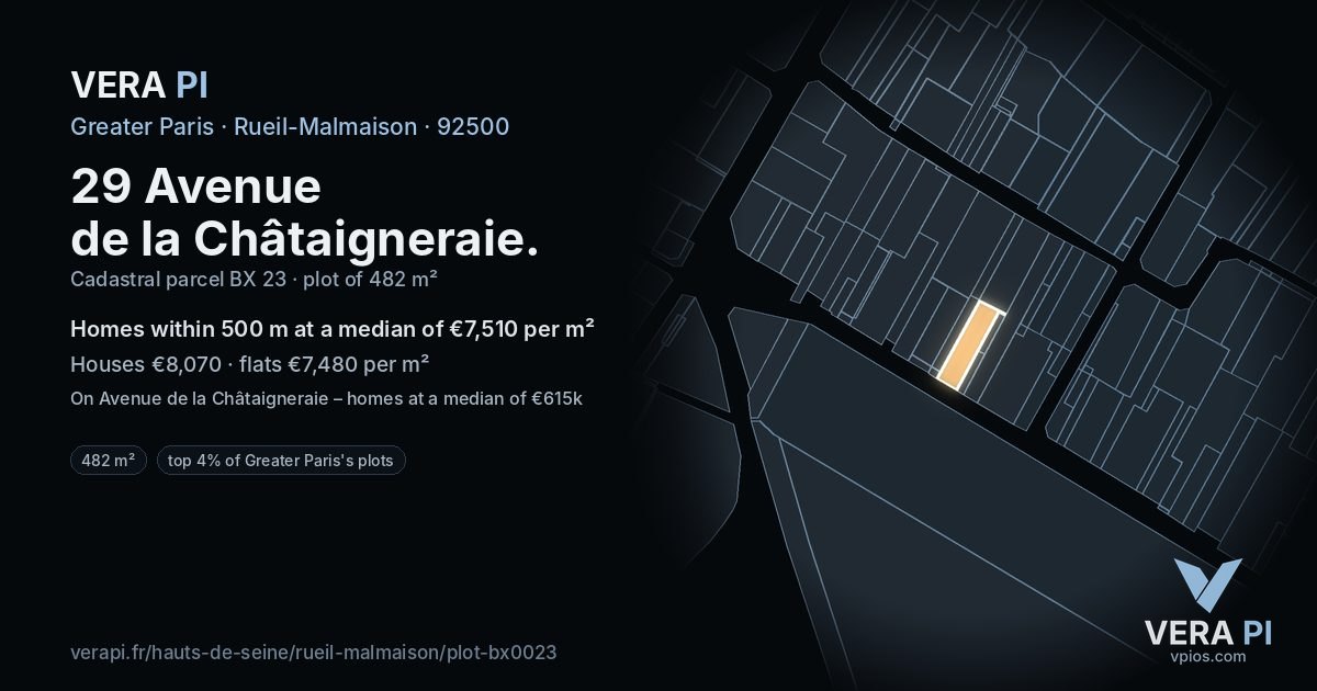 29 Avenue de la Châtaigneraie, Rueil-Malmaison at night – the plot lit, the parcels around coloured by the prices near them