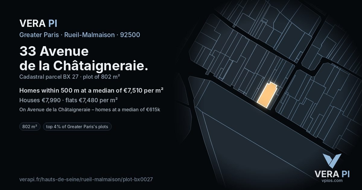 33 Avenue de la Châtaigneraie, Rueil-Malmaison at night – the plot lit, the parcels around coloured by the prices near them
