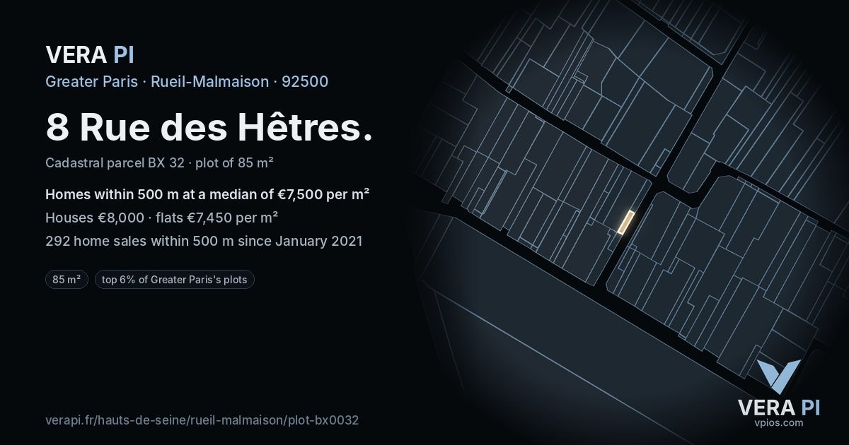 8 Rue des Hêtres, Rueil-Malmaison at night – the plot lit, the parcels around coloured by the prices near them