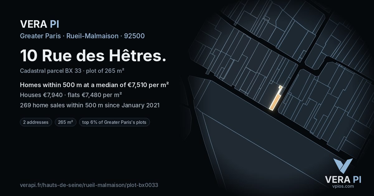 10 Rue des Hêtres, Rueil-Malmaison at night – the plot lit, the parcels around coloured by the prices near them