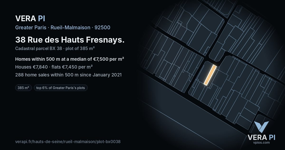 38 Rue des Hauts Fresnays, Rueil-Malmaison at night – the plot lit, the parcels around coloured by the prices near them