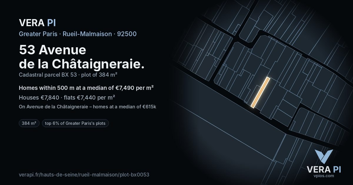 53 Avenue de la Châtaigneraie, Rueil-Malmaison at night – the plot lit, the parcels around coloured by the prices near them