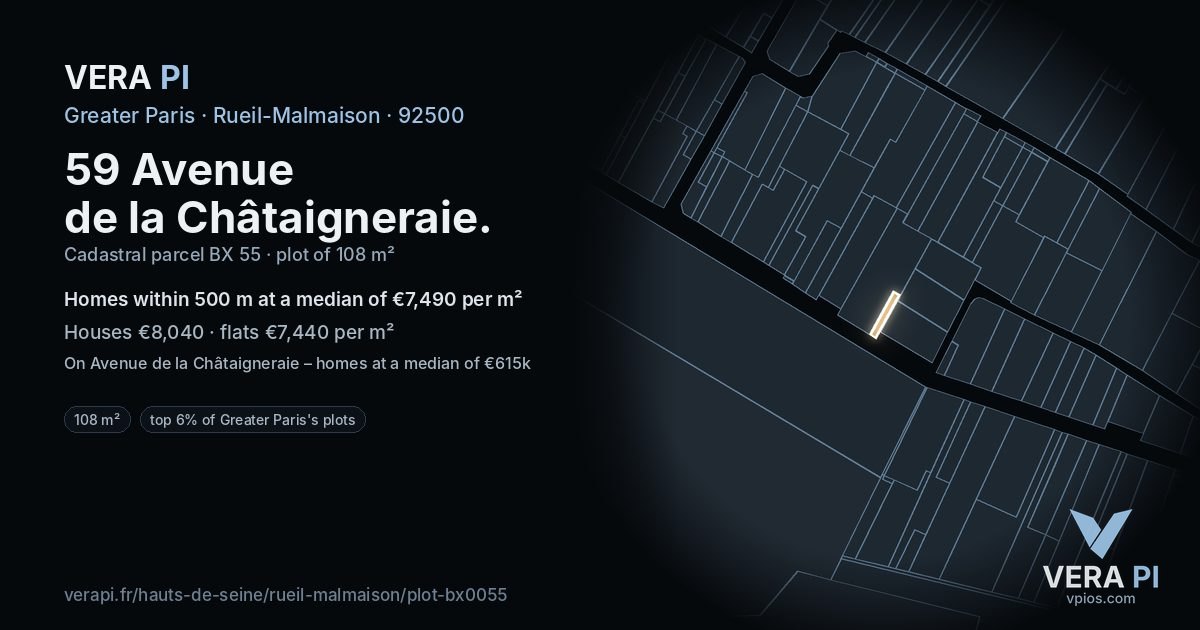 59 Avenue de la Châtaigneraie, Rueil-Malmaison at night – the plot lit, the parcels around coloured by the prices near them