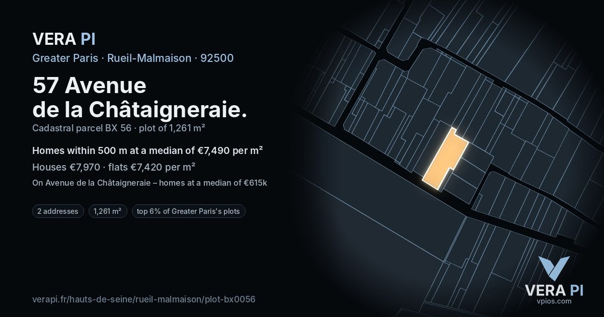 57 Avenue de la Châtaigneraie, Rueil-Malmaison at night – the plot lit, the parcels around coloured by the prices near them