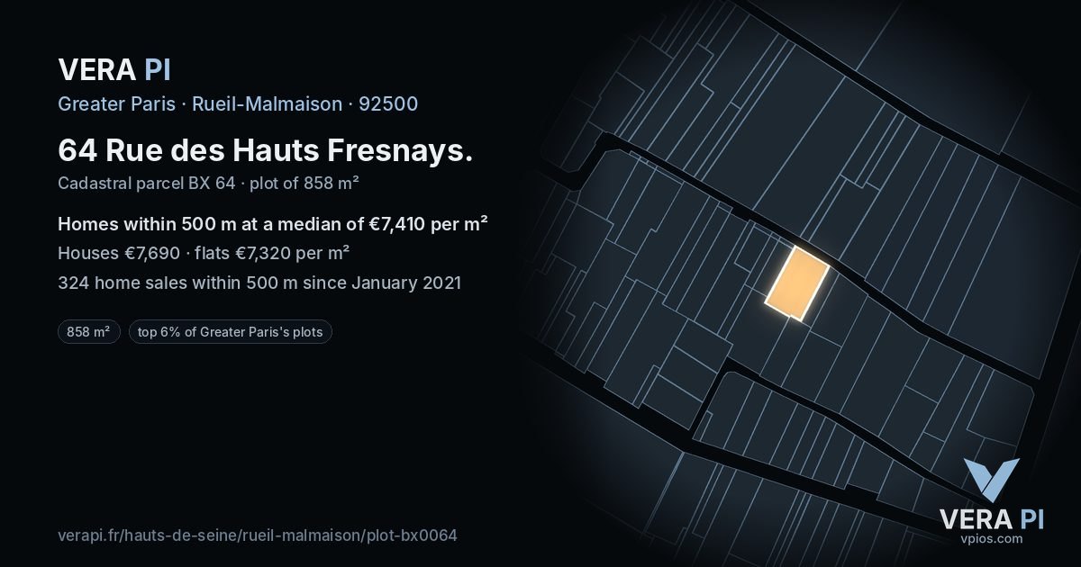 64 Rue des Hauts Fresnays, Rueil-Malmaison at night – the plot lit, the parcels around coloured by the prices near them