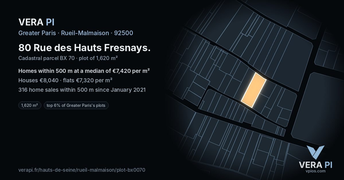 80 Rue des Hauts Fresnays, Rueil-Malmaison at night – the plot lit, the parcels around coloured by the prices near them