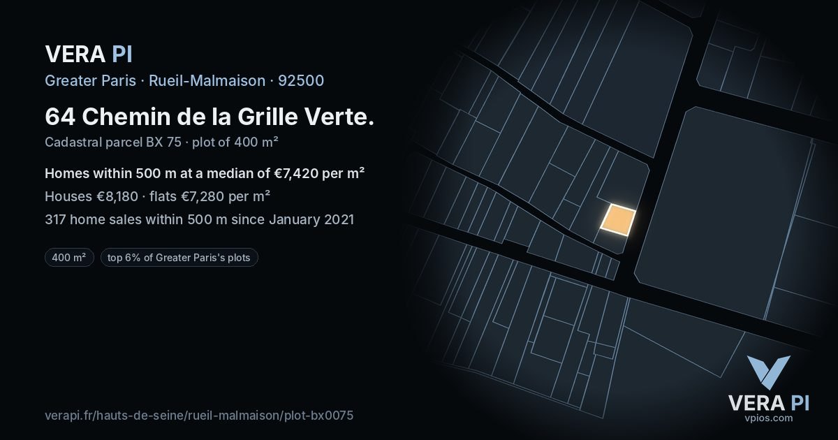 64 Chemin de la Grille Verte, Rueil-Malmaison at night – the plot lit, the parcels around coloured by the prices near them