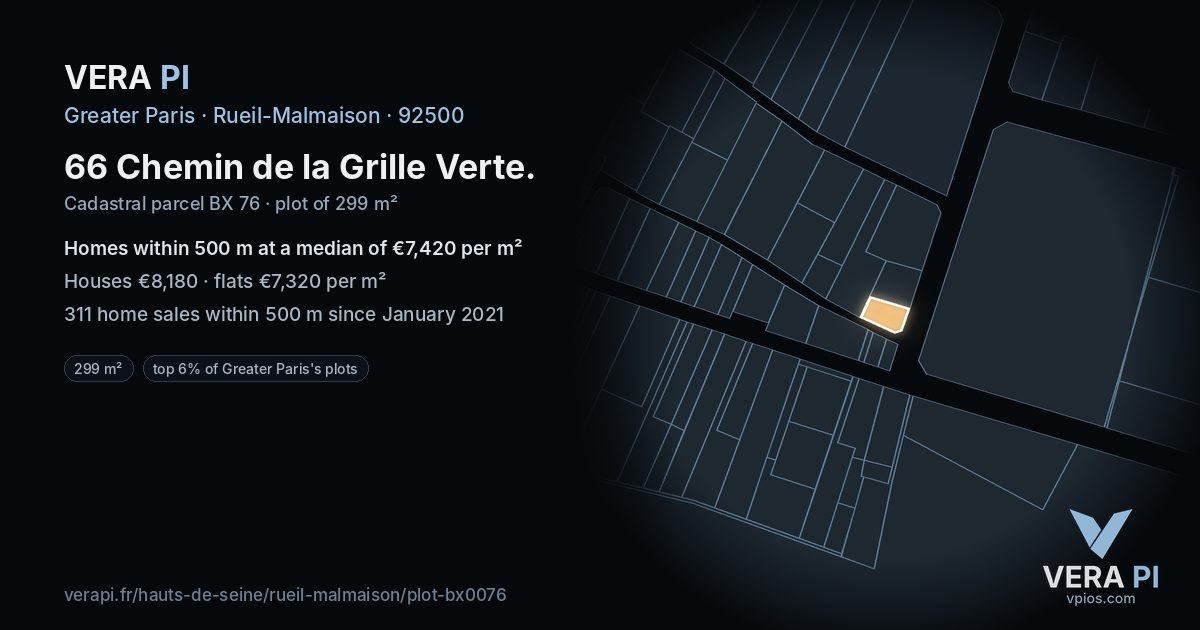 66 Chemin de la Grille Verte, Rueil-Malmaison at night – the plot lit, the parcels around coloured by the prices near them