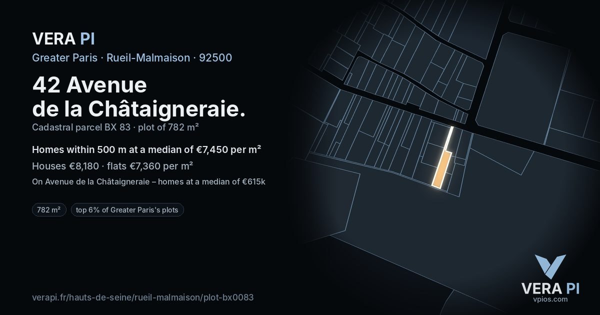 42 Avenue de la Châtaigneraie, Rueil-Malmaison at night – the plot lit, the parcels around coloured by the prices near them