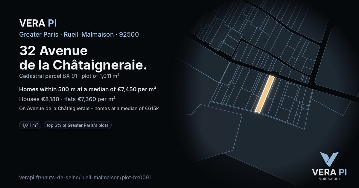 32 Avenue de la Châtaigneraie, Rueil-Malmaison at night – the plot lit, the parcels around coloured by the prices near them