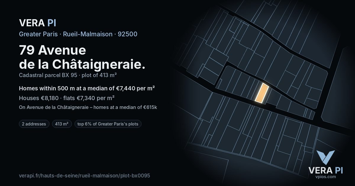 79 Avenue de la Châtaigneraie, Rueil-Malmaison at night – the plot lit, the parcels around coloured by the prices near them
