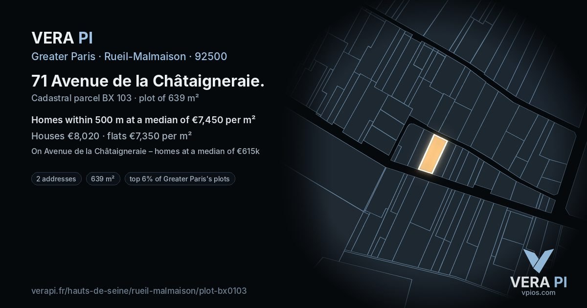 71 Avenue de la Châtaigneraie, Rueil-Malmaison at night – the plot lit, the parcels around coloured by the prices near them