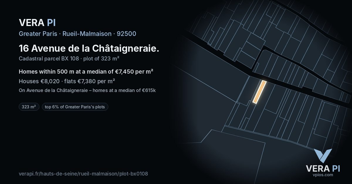 16 Avenue de la Châtaigneraie, Rueil-Malmaison at night – the plot lit, the parcels around coloured by the prices near them