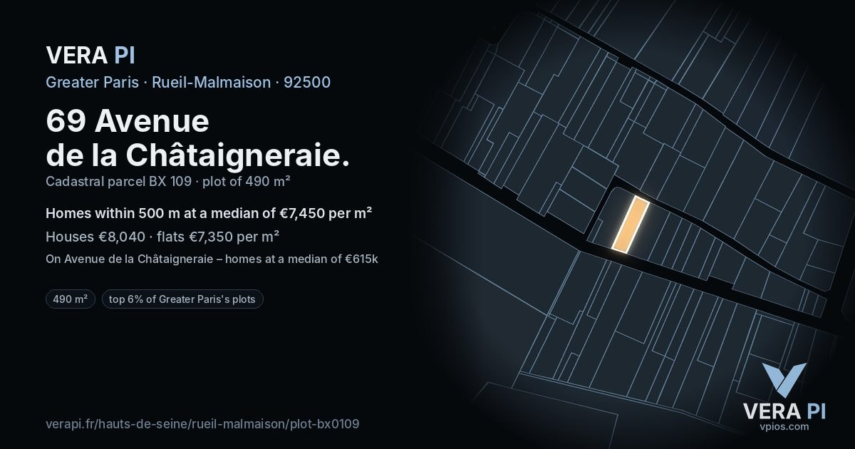 69 Avenue de la Châtaigneraie, Rueil-Malmaison at night – the plot lit, the parcels around coloured by the prices near them