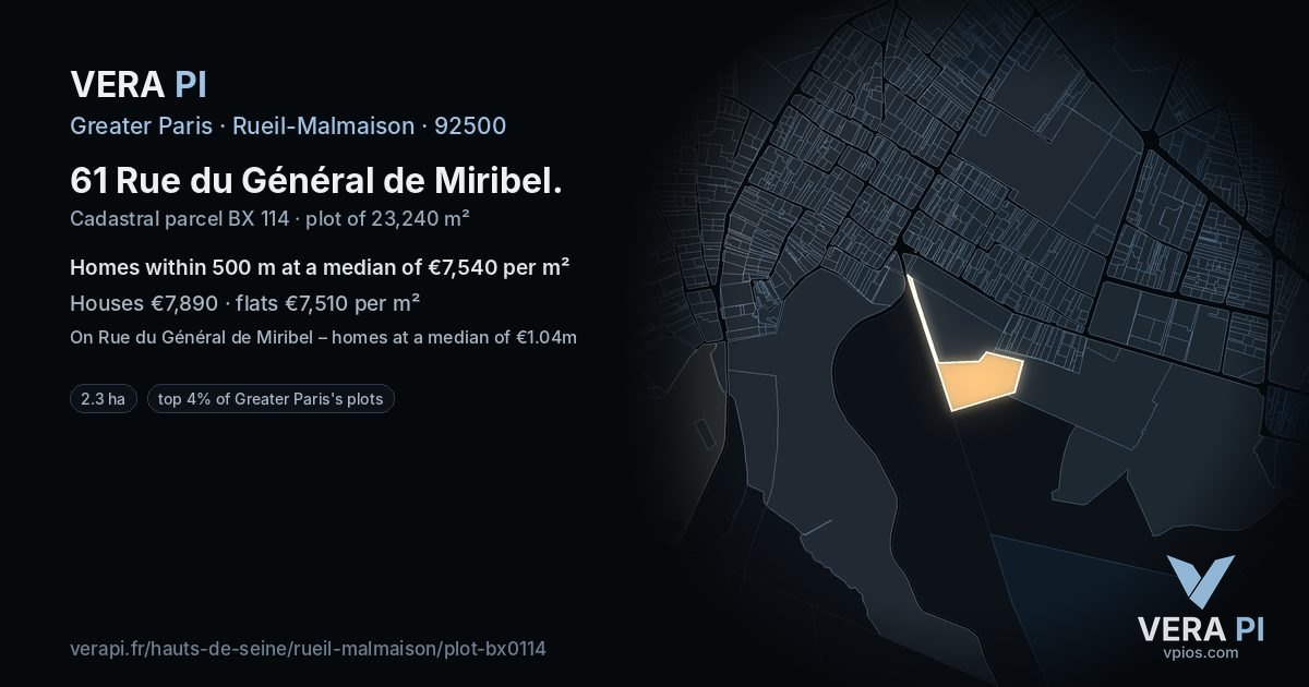 61 Rue du Général de Miribel, Rueil-Malmaison at night – the plot lit, the parcels around coloured by the prices near them