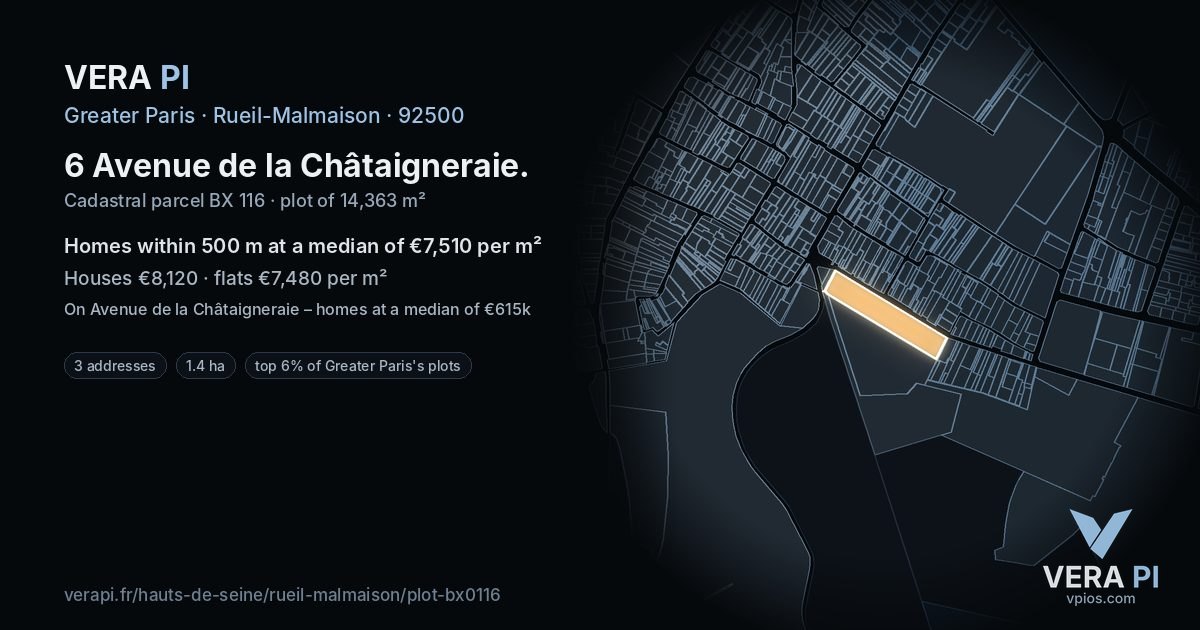 6 Avenue de la Châtaigneraie, Rueil-Malmaison at night – the plot lit, the parcels around coloured by the prices near them
