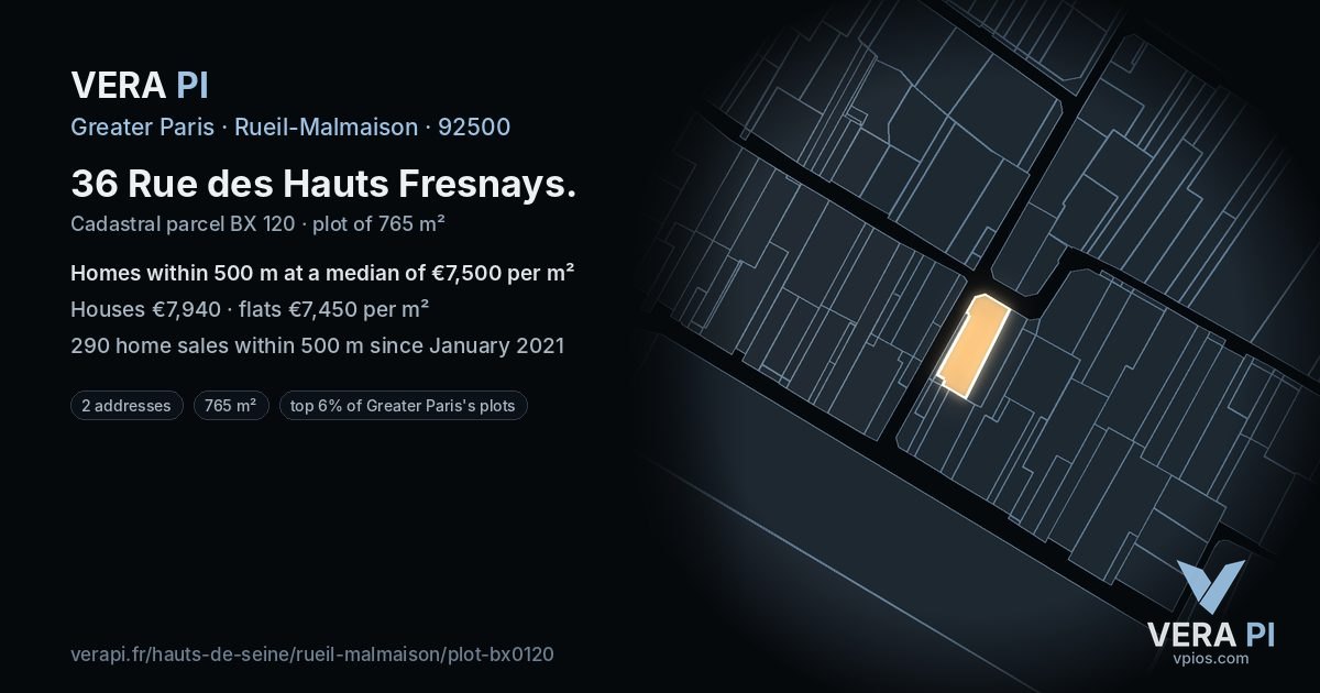 36 Rue des Hauts Fresnays, Rueil-Malmaison at night – the plot lit, the parcels around coloured by the prices near them