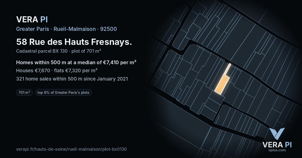 58 Rue des Hauts Fresnays, Rueil-Malmaison at night – the plot lit, the parcels around coloured by the prices near them