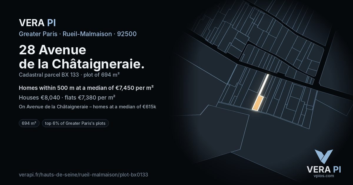 28 Avenue de la Châtaigneraie, Rueil-Malmaison at night – the plot lit, the parcels around coloured by the prices near them