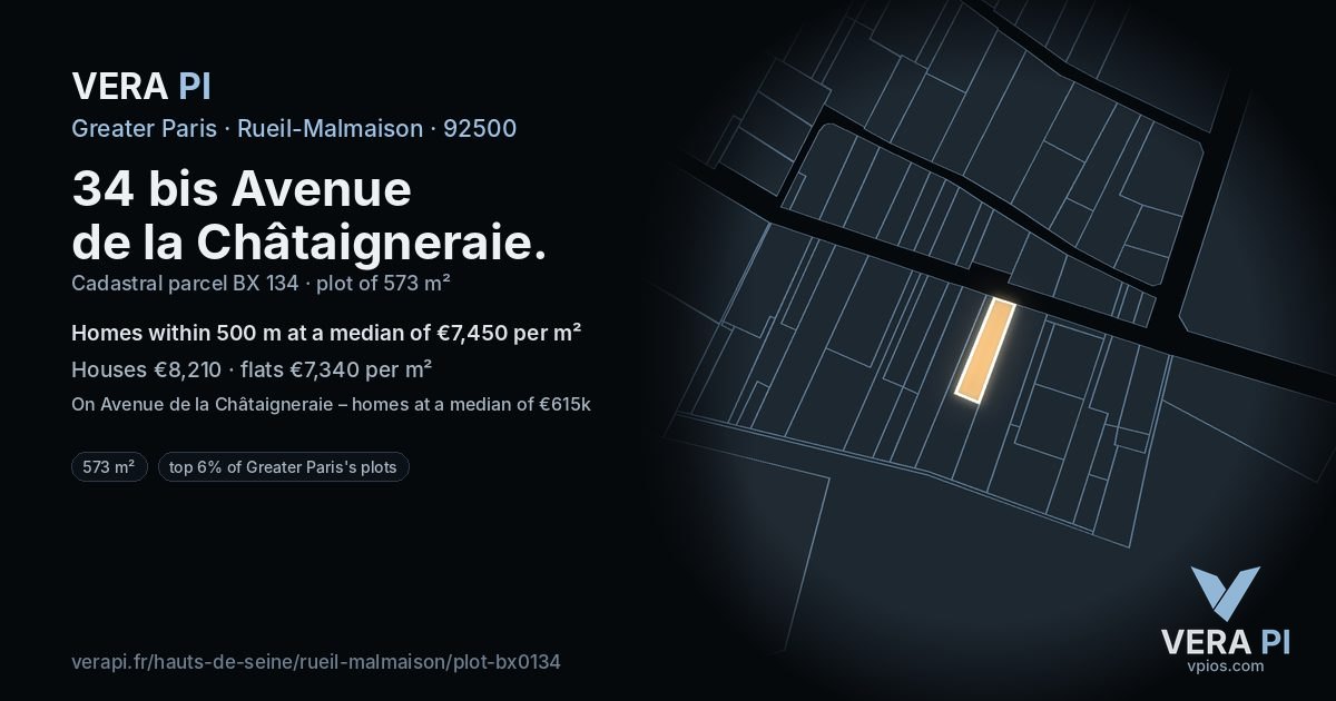 34 bis Avenue de la Châtaigneraie, Rueil-Malmaison at night – the plot lit, the parcels around coloured by the prices near them