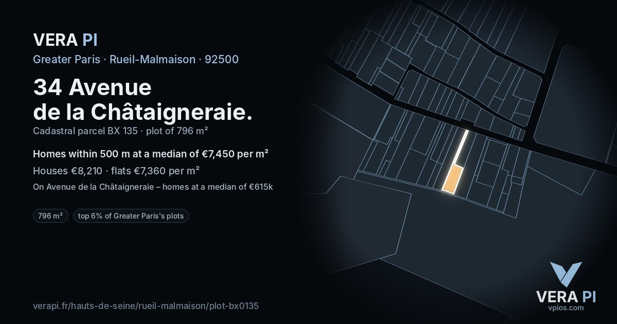 34 Avenue de la Châtaigneraie, Rueil-Malmaison at night – the plot lit, the parcels around coloured by the prices near them