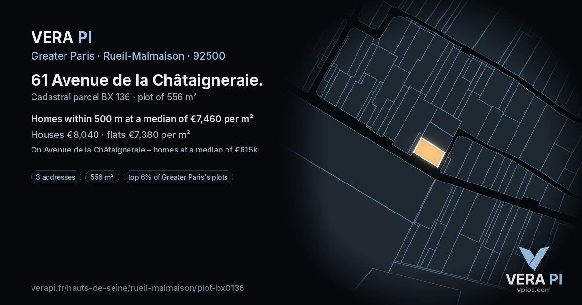 61 Avenue de la Châtaigneraie, Rueil-Malmaison at night – the plot lit, the parcels around coloured by the prices near them