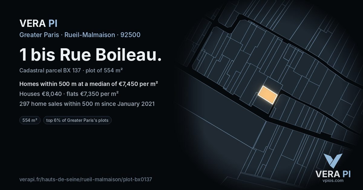 1 bis Rue Boileau, Rueil-Malmaison at night – the plot lit, the parcels around coloured by the prices near them