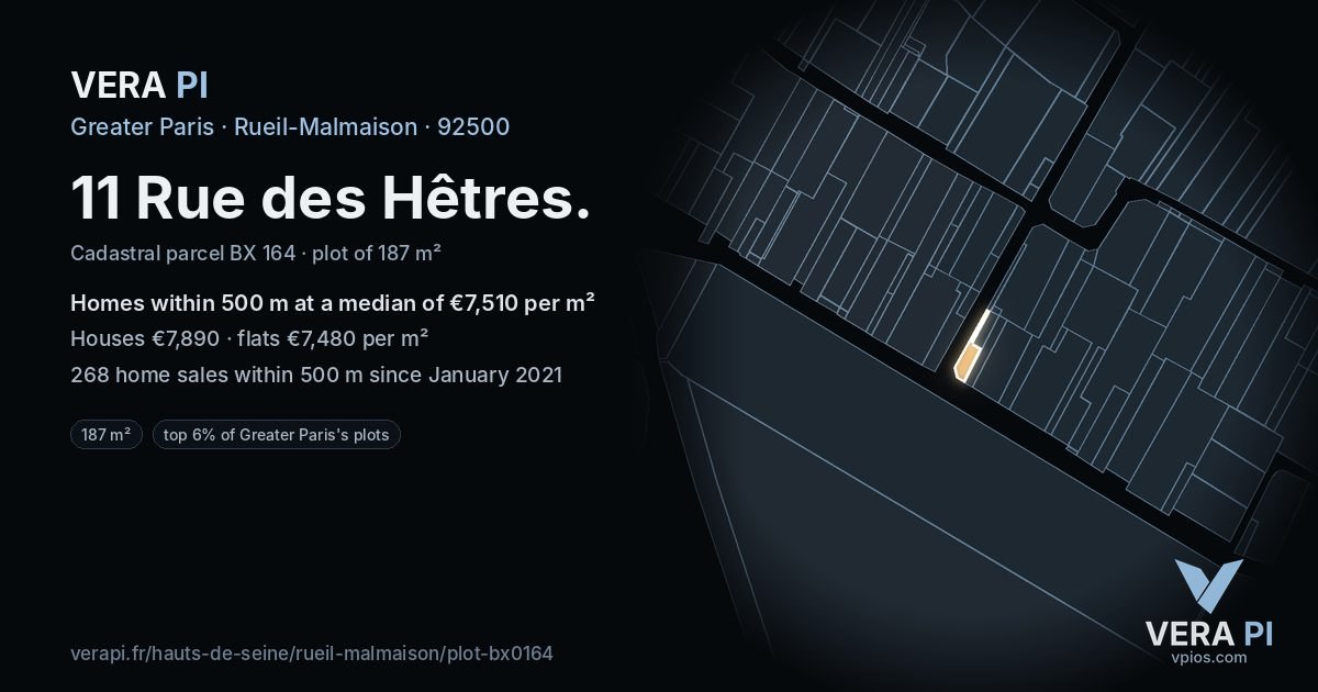 11 Rue des Hêtres, Rueil-Malmaison at night – the plot lit, the parcels around coloured by the prices near them
