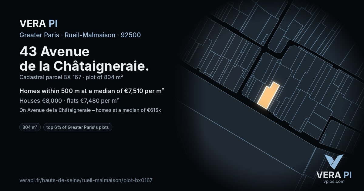 43 Avenue de la Châtaigneraie, Rueil-Malmaison at night – the plot lit, the parcels around coloured by the prices near them