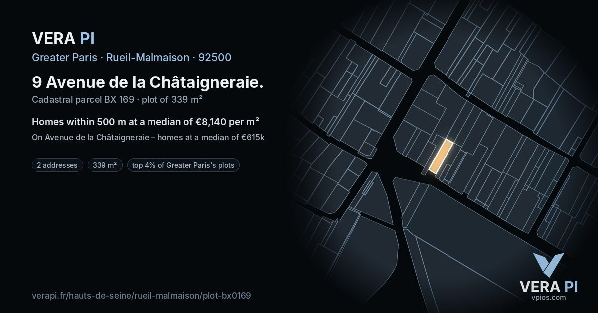 9 Avenue de la Châtaigneraie, Rueil-Malmaison at night – the plot lit, the parcels around coloured by the prices near them