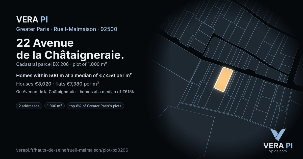 22 Avenue de la Châtaigneraie, Rueil-Malmaison at night – the plot lit, the parcels around coloured by the prices near them