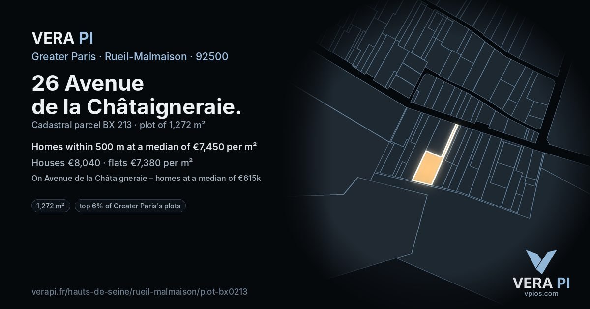 26 Avenue de la Châtaigneraie, Rueil-Malmaison at night – the plot lit, the parcels around coloured by the prices near them