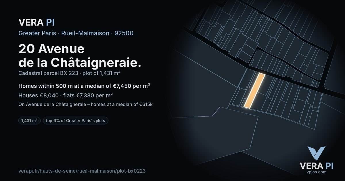 20 Avenue de la Châtaigneraie, Rueil-Malmaison at night – the plot lit, the parcels around coloured by the prices near them