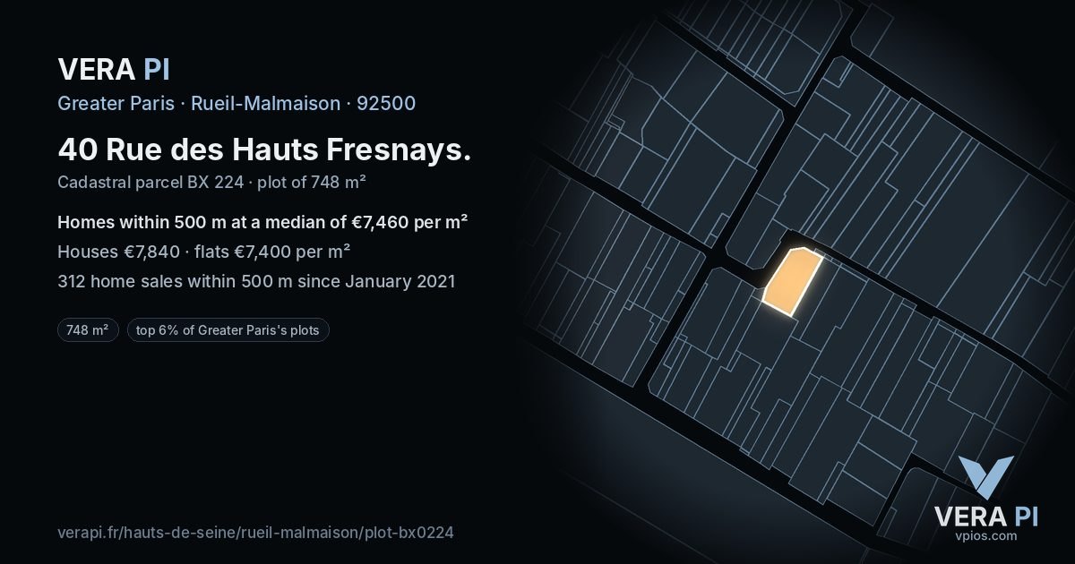 40 Rue des Hauts Fresnays, Rueil-Malmaison at night – the plot lit, the parcels around coloured by the prices near them