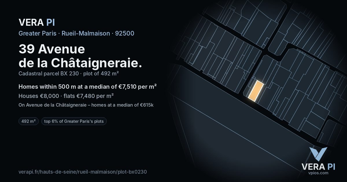 39 Avenue de la Châtaigneraie, Rueil-Malmaison at night – the plot lit, the parcels around coloured by the prices near them