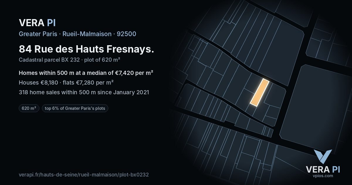 84 Rue des Hauts Fresnays, Rueil-Malmaison at night – the plot lit, the parcels around coloured by the prices near them