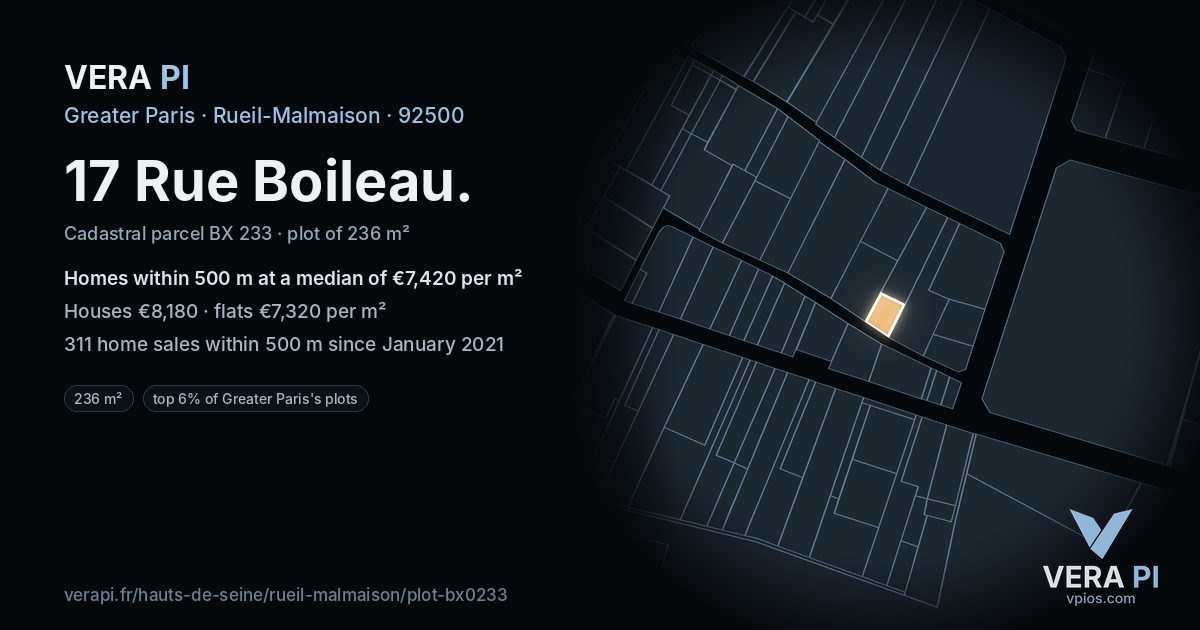 17 Rue Boileau, Rueil-Malmaison at night – the plot lit, the parcels around coloured by the prices near them