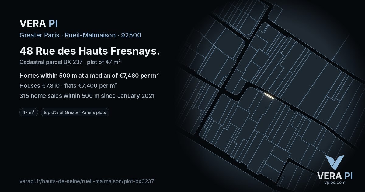48 Rue des Hauts Fresnays, Rueil-Malmaison at night – the plot lit, the parcels around coloured by the prices near them