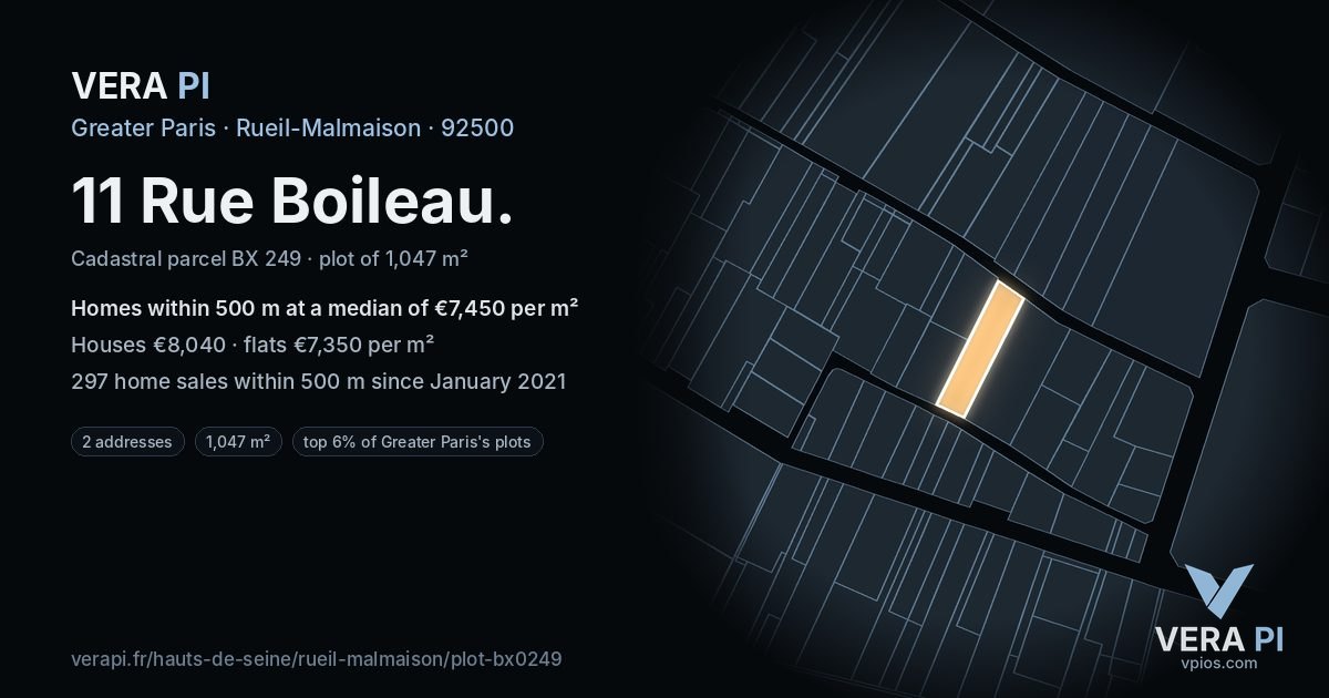 11 Rue Boileau, Rueil-Malmaison at night – the plot lit, the parcels around coloured by the prices near them