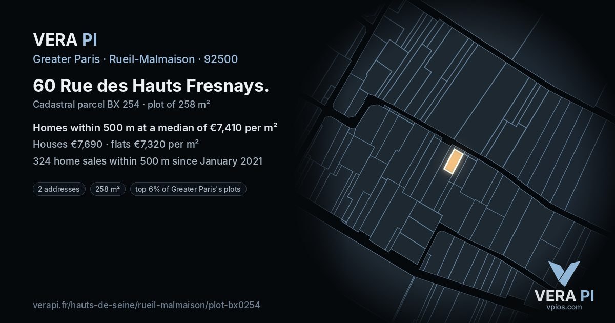 60 Rue des Hauts Fresnays, Rueil-Malmaison at night – the plot lit, the parcels around coloured by the prices near them