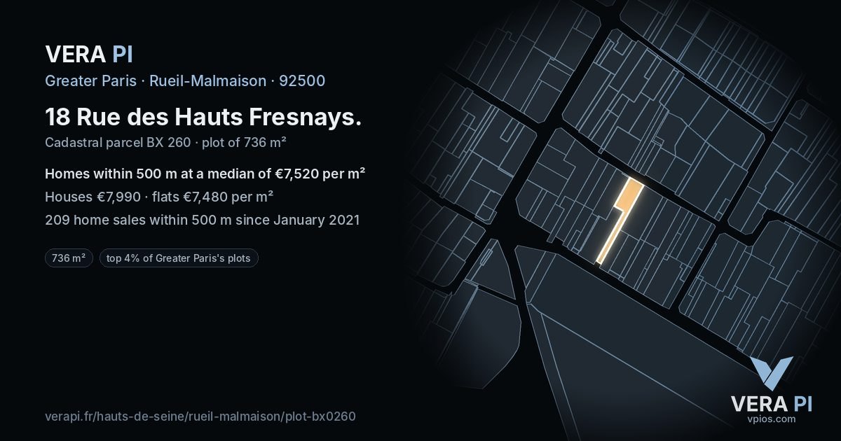 18 Rue des Hauts Fresnays, Rueil-Malmaison at night – the plot lit, the parcels around coloured by the prices near them